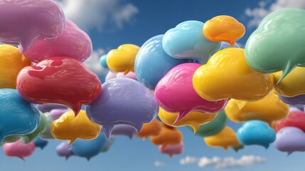Colorful 3D glossy speech bubbles float against a bright blue sky with wispy clouds, creating a vibrant visual