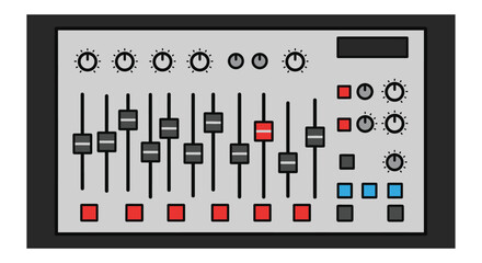 Professional audio mixing console with colorful buttons and dials