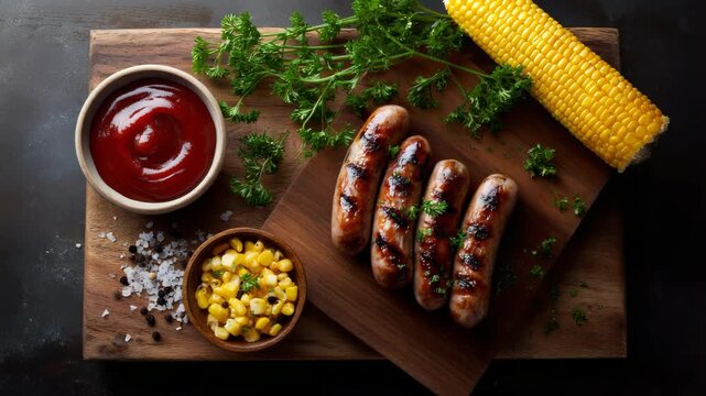 Grilled sausages with corn and condiments on a rustic wooden board