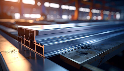 Detailed view of industrial aluminum extrusion profiles on a factory workbench with soft light