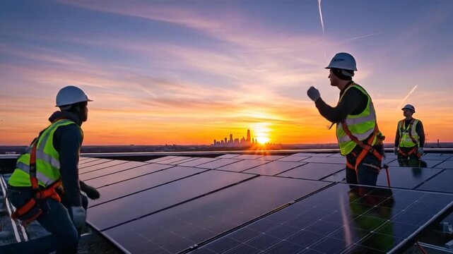 Construction workers installing solar panel on roof, dramatic city sunset.