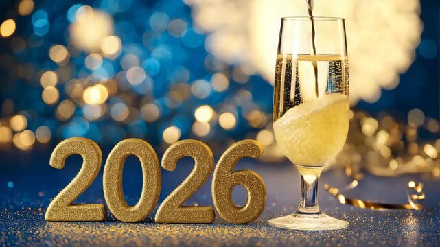 Golden 2026 numbers sparkling champagne flute celebratory toast bokeh background festive new year eve countdown celebration luxury event success achievement future prospects bright outlook