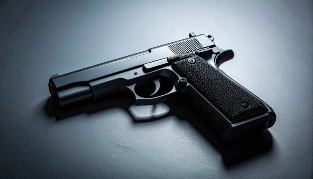 Gun on dark surface with future policy concept, metallic handgun, security and law enforcement, dramatic lighting, modern firearm