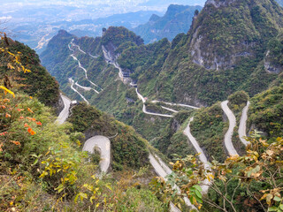 Tianmen Mountain with its pierced rock above the city of Zhangjiajie in Hunan, China.