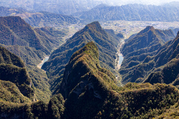 Tianmen Mountain with its pierced rock above the city of Zhangjiajie in Hunan, China.