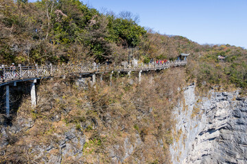 Tianmen Mountain with its pierced rock above the city of Zhangjiajie in Hunan, China.