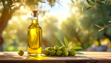 Glass bottle of golden olive oil with fresh green olives on a wooden table at sunset image