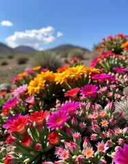 Obraz premium Vibrant desert flora bursts with color, a stunning display of flowering succulents under a clear sky, natural, summer, drought-tolerant
