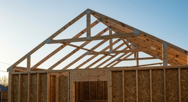 The skeletal structure of a small wooden storage shed, showing the framing timbers and roof trusses against a bright outdoor backdrop ,installation ,utility ,garden