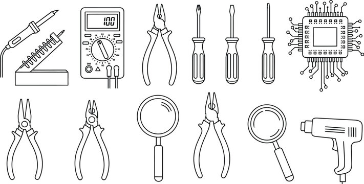 Set of detailed line art icons representing electronics repair tools including a soldering iron multimeter pliers and a microchip