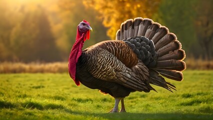 Turkey standing on grass in an open rural field, natural agricultural landscape showing farm bird in countryside environment with vegetation and open farmland