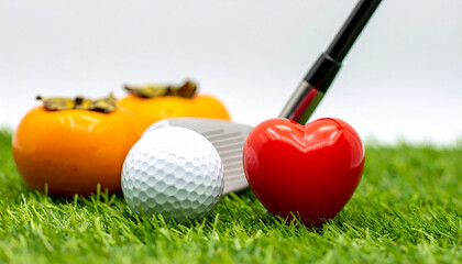 Golf club, golf ball, and red heart on green grass with persimmons and white background