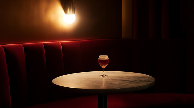Amber drink on a marble table in a dim, cozy booth with velvet seating, illuminated by a warm wall sconce, evoking a sense of relaxation. Enjoying solitude.