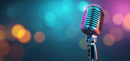 Retro Microphone with Neon Glow on Colorful Bokeh Background