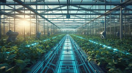 Inside futuristic smart greenhouse with automated irrigation technology and hydroponic farming plants