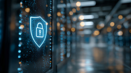 Cybersecurity Fortress: A glowing shield with a padlock emblem represents the strong defense of a digital sanctuary, symbolizing security within a data center. 