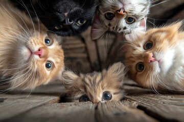 Close group of kittens with expressive faces and warm light, emotional pet scene ideal for care themes, human-animal bond stories, adoption posts and gentle marketing.