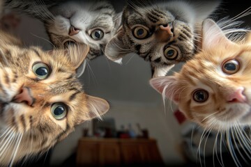 Kittens forming a tight circle around the camera indoors, immersive curiosity perspective ideal for playful concepts, pet branding, websites and engaging social content.