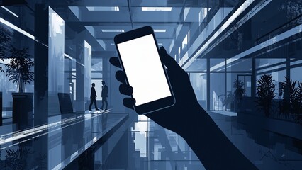 Abstract Hand Holding Smartphone Mockup in Modern Corporate Blue Architectural Space
