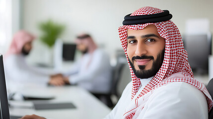 A smiling man in traditional Saudi Arabian attire in a modern office setting, colleagues working in the background. He exudes confidence in a bright, professional environment.