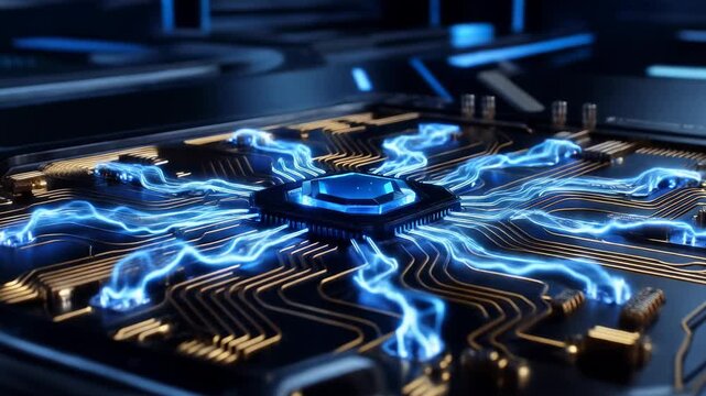 Powering a futuristic microchip with pulsing electrical currents in closeup