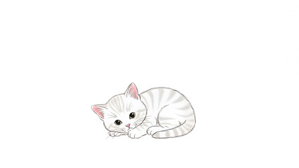 Cute white cartoon cat curled up and resting on black background, adorable feline illustration