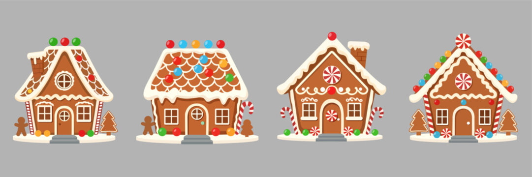 Gingerbread House Set Flat Vector Illustration for Christmas Holiday