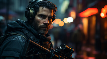 Obraz premium special forces soldier polices a with high technology gun and weapon working in night city