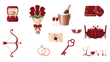 Valentine's Day romantic symbols and gifts on black background, love and relationship concepts