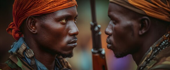 Naklejka premium The tense standoff between rival armed groups intensifies amid battlefield chaos.