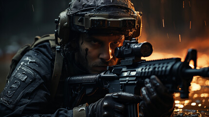 Obraz premium special forces soldier polices a with high technology gun and weapon working in night city