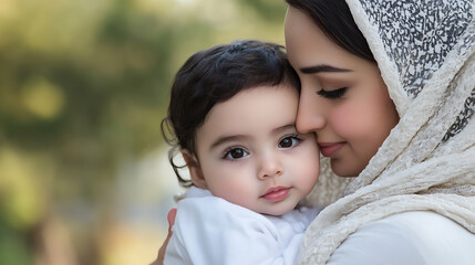 Obraz premium A tender moment of motherhood: a loving mother embracing her adorable baby. The connection between them is palpable, filled with warmth and unconditional love.