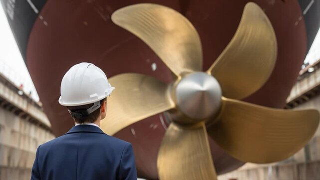 Male Engineer Observing Large Ship Propeller in Dry Dock for Marine Engineering Projects