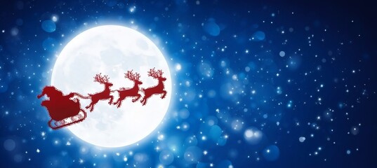 Naklejka premium Santa claus in sleigh with reindeer flying across full Moon at night. Christmas Eve flying for holiday season. Magical event for celebration.