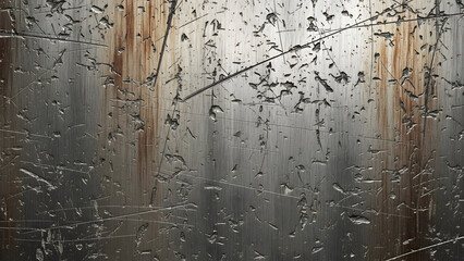 Close-up view of a weathered and scratched metal surface with streaks of rust.
