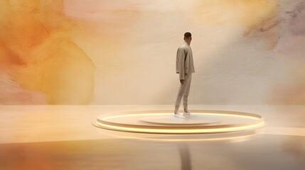 Man Stands on Glowing Platform in Minimalist Futuristic Design Concept Image