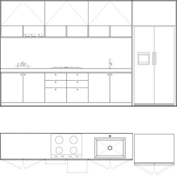 Modern Kitchen Cabinet Interior Design Technical CAD Drawing Elevation and Plan. 1