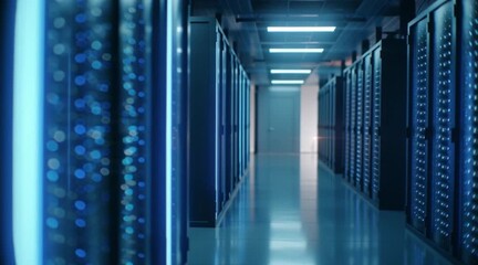 Blurred view of a data center with glowing blue servers in a long corridor