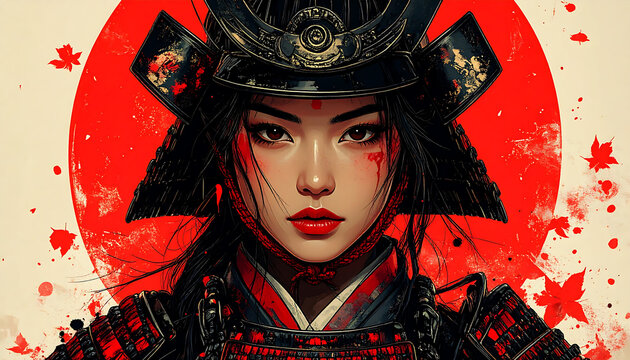 Striking portrait of a female samurai warrior with a helmet and red makeup against a Japanese red sun and maple leaf background.