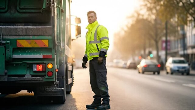 Reflective Safety Worker in Vibrant Yellow Jacket Observing City Street with Garbage Truck
