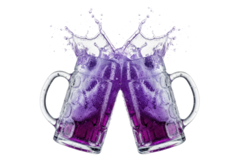 extreme macro of two frosted german steins with condensation and vibrant purple soda performing a high-speed celebratory splash on white, cinematic quality commercial product concept