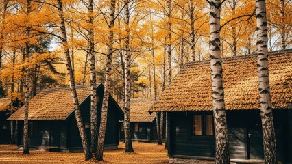 Cabins in autumn birch woods. Golden foliage, thatched roofs, calm, rustic scene
