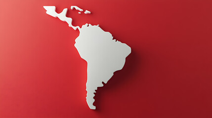A white 3D model of the continent of South America and parts of North America sits on a red background, evoking geography and Latin American culture. Minimalistic presentation of geographical shape.