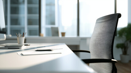 Minimalist workspace interior featuring an empty chair positioned near a desk, soft daylight, clean lines, neutral palette