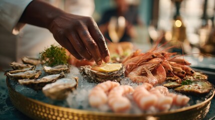 Medium shot of a chef selecting and placing fresh seafood elements on a bespoke platter tailored for an intimate dinner gathering.