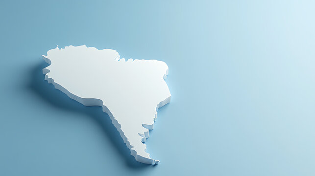 Minimalist map of South America in white against a soft blue backdrop. The clean design and aerial perspective create a serene and modern representation of the continent.