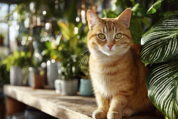 Obraz premium Calm orange cat sitting indoors near houseplants on wooden surface with natural light creating peaceful and cozy atmosphere in modern home setting