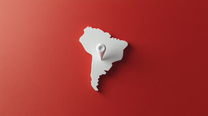 South American continent map with a pin placed on it in a minimalist style with a bright background. Symbolizes location, cartography, geography and travel in South America.
