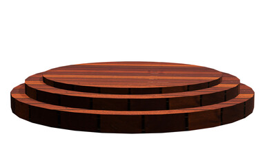 Three tiered circular wooden display stand on black background