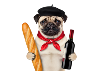 A stocky, anthropomorphic fawn pug dog in a french beret, red scarf, and mustache, holding a baguette and wine bottle on a clean, isolated high-key white studio background. Concept of humorous french